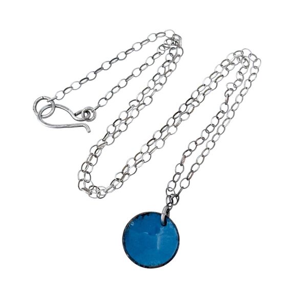 Vintage Silver-Tone Chain Necklace with Blue Enamel Pendant 18.75" - Picture 1 of 4